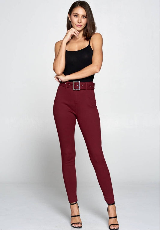 Burgundy Pants with Built In Belt Detail