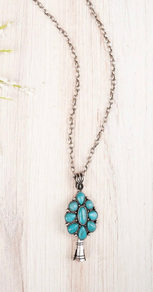 Turquoise Burnished Silvertone Squash Blossom Necklace