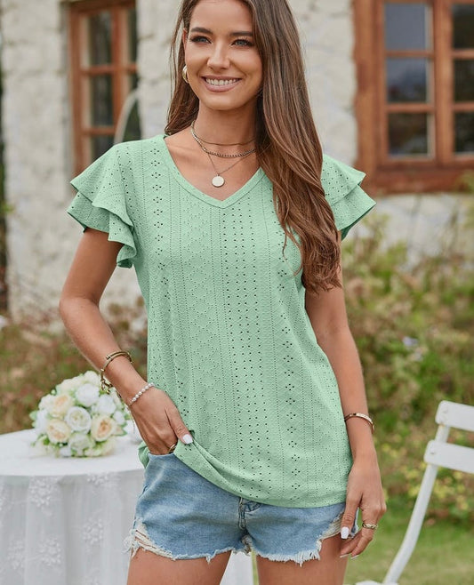 Pointelle V Neck Ruffle Top