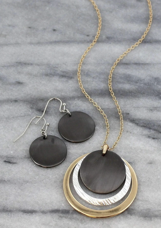 Hematite, Silvertone, & Goldtone Layered Circle Necklace and Earring Set