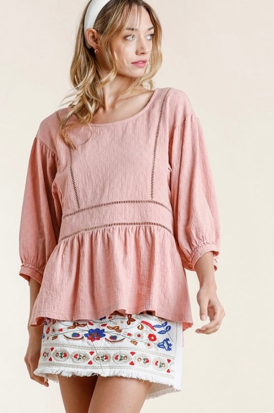 Mauve Textured 3/4 Sleeve Top W/ Ruffle Hem